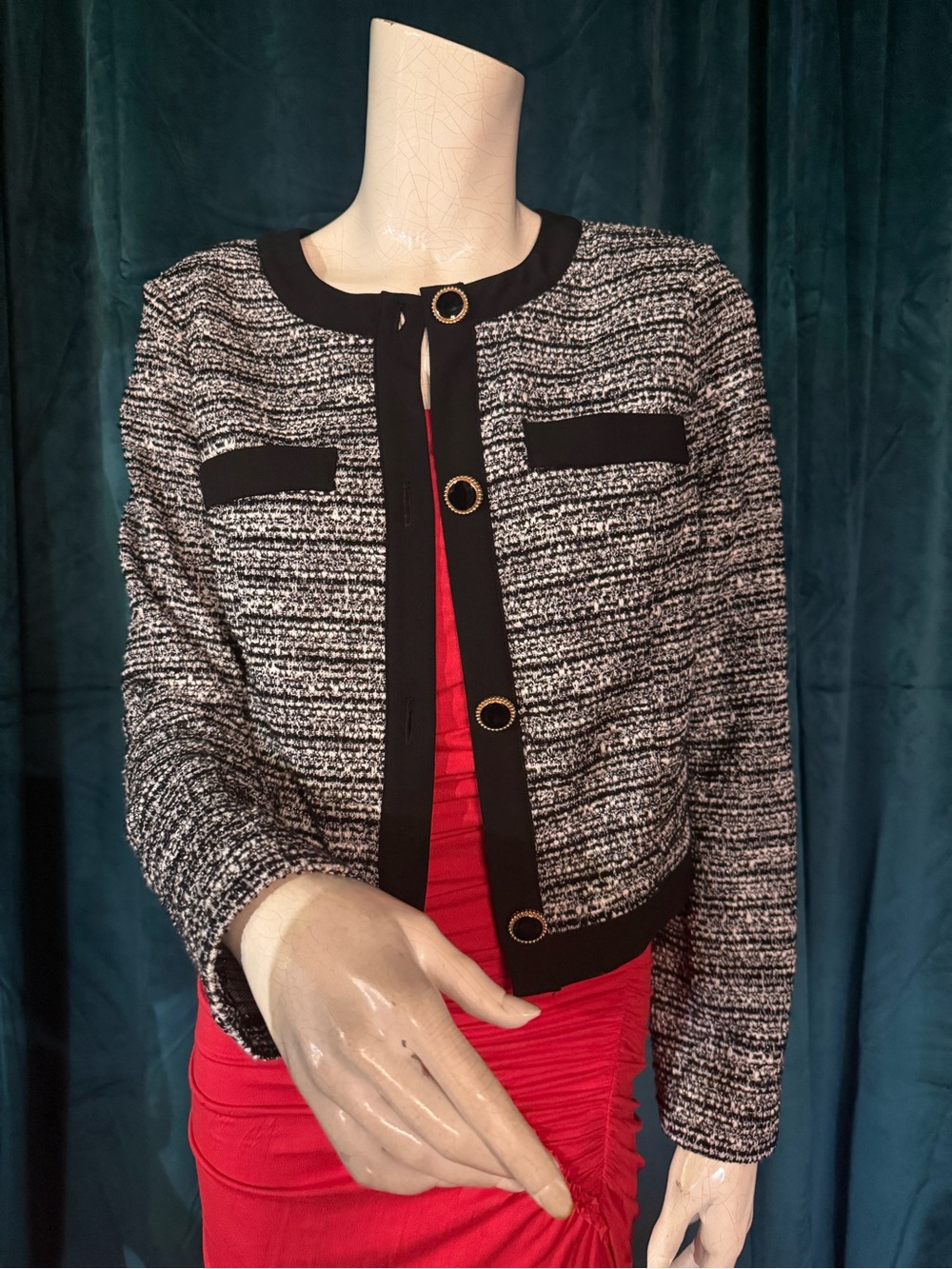I.N. San Francisco Black and White Tweed Cropped Jacket with Gold Buttons